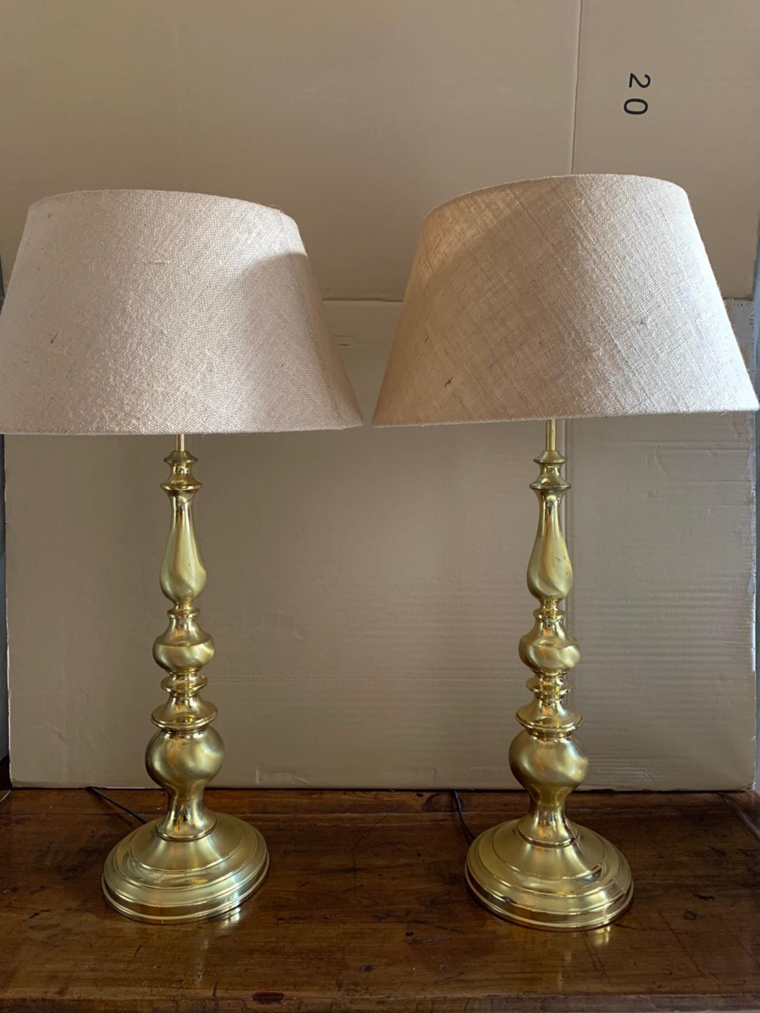 Pair of impressive brass, and polished brass roud globe table lamps, the lamps have been rewired and are in good working order. The lampshades are not include.