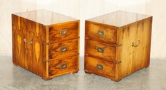 PAIR OF LARGE ViNTAGE MILITARY CAMPAIGN BURR YEW WOOD SIDE LAMP TABLE DRAWERS