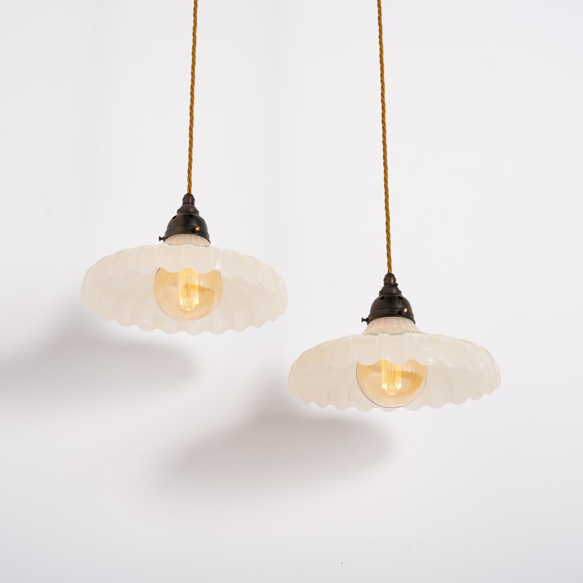 Pair of Large Vintage Moonstone Glass Pendant Lights by Jefferson & Co 3
