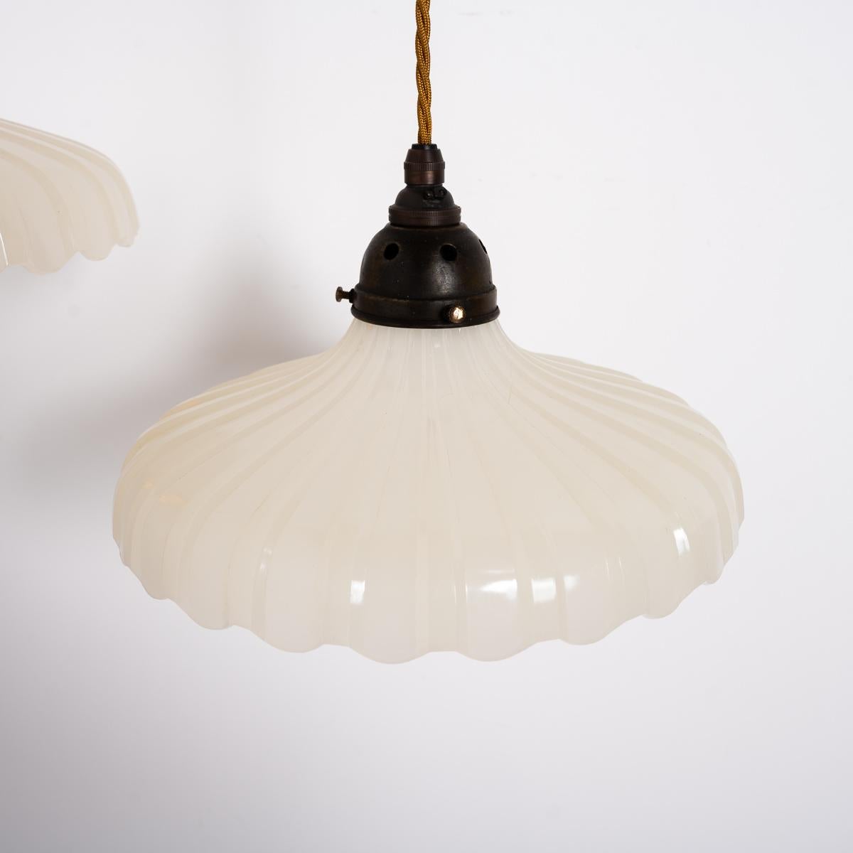 Pair of Large Vintage Moonstone Glass Pendant Lights by Jefferson & Co 5