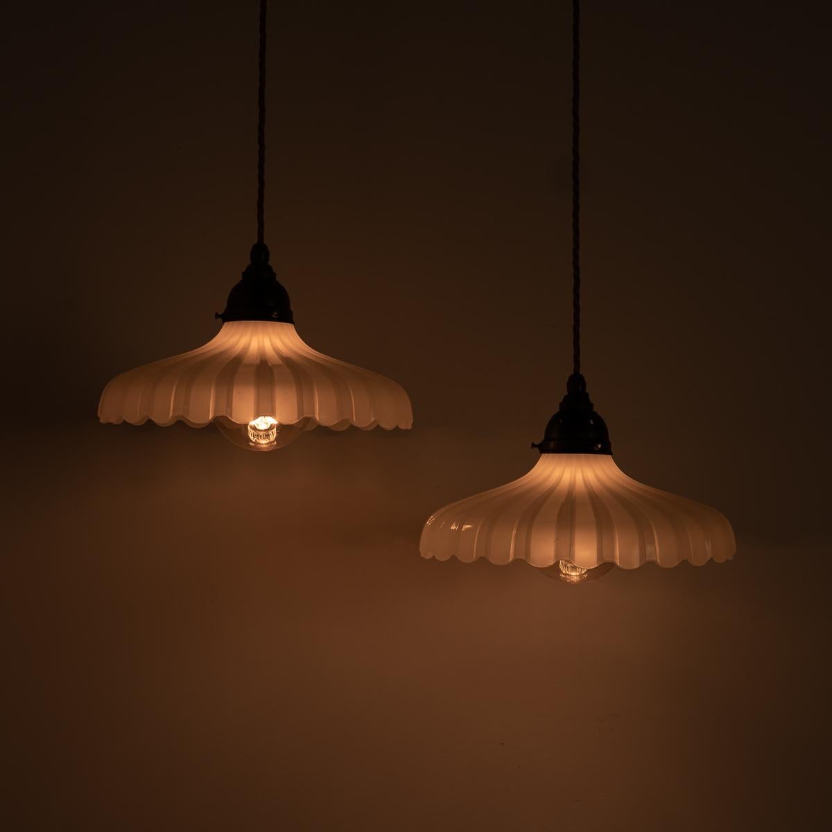 Art Deco Pair of Large Vintage Moonstone Glass Pendant Lights by Jefferson & Co