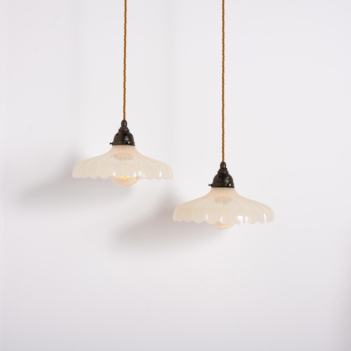 British Pair of Large Vintage Moonstone Glass Pendant Lights by Jefferson & Co
