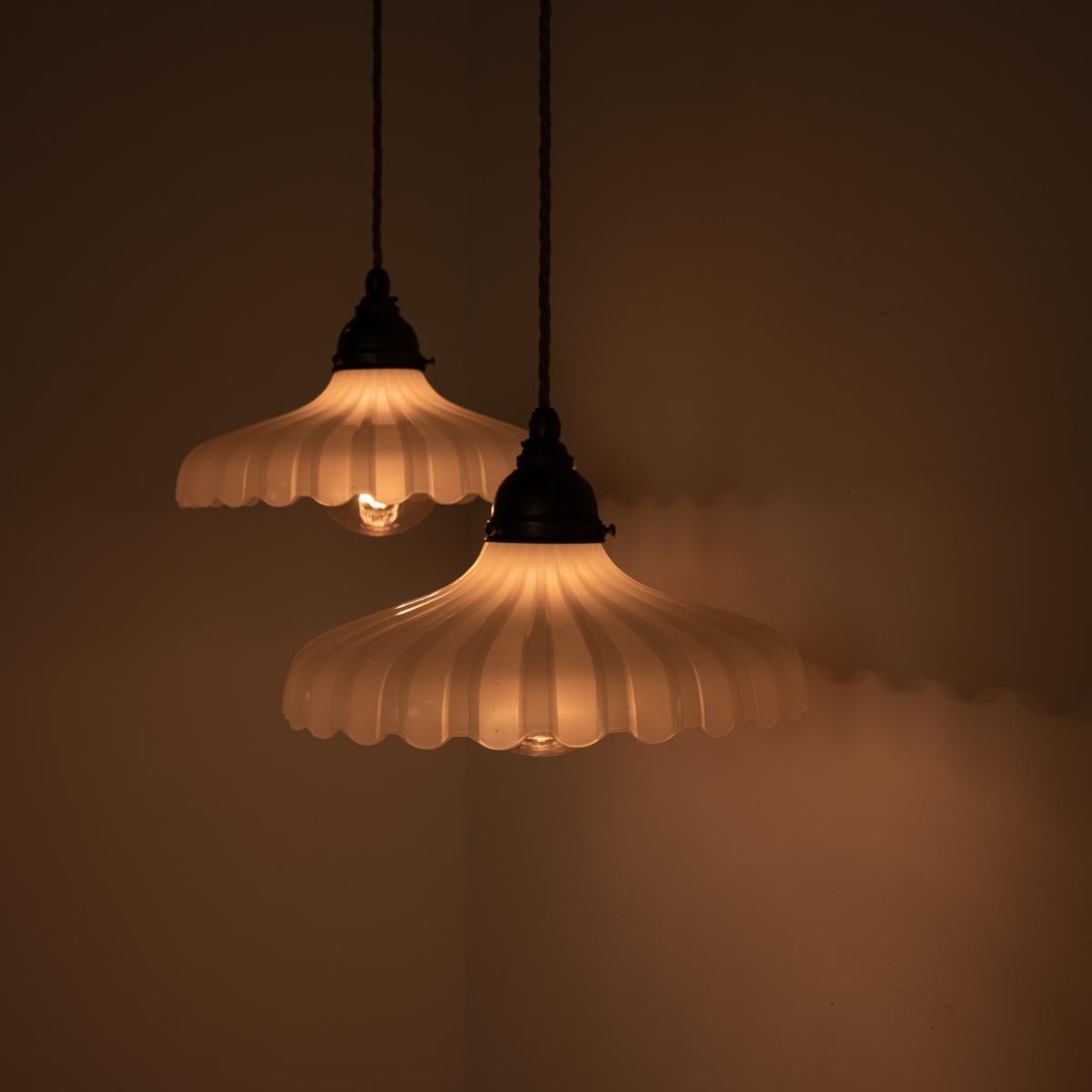 Pair of Large Vintage Moonstone Glass Pendant Lights by Jefferson & Co In Good Condition In Nottingham, GB