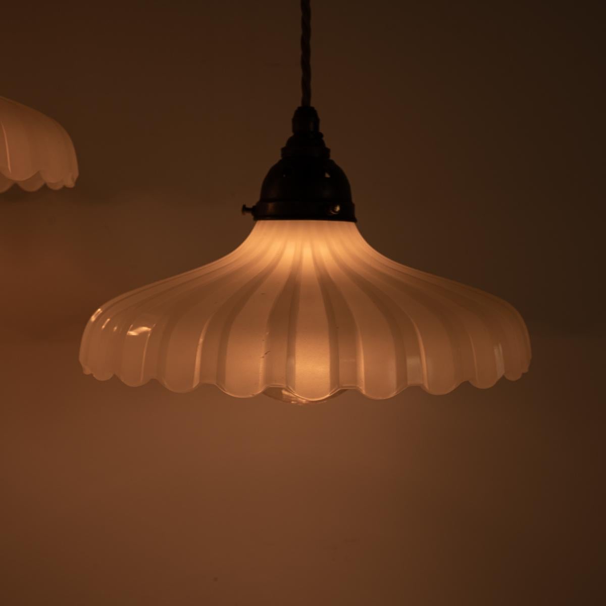 Early 20th Century Pair of Large Vintage Moonstone Glass Pendant Lights by Jefferson & Co