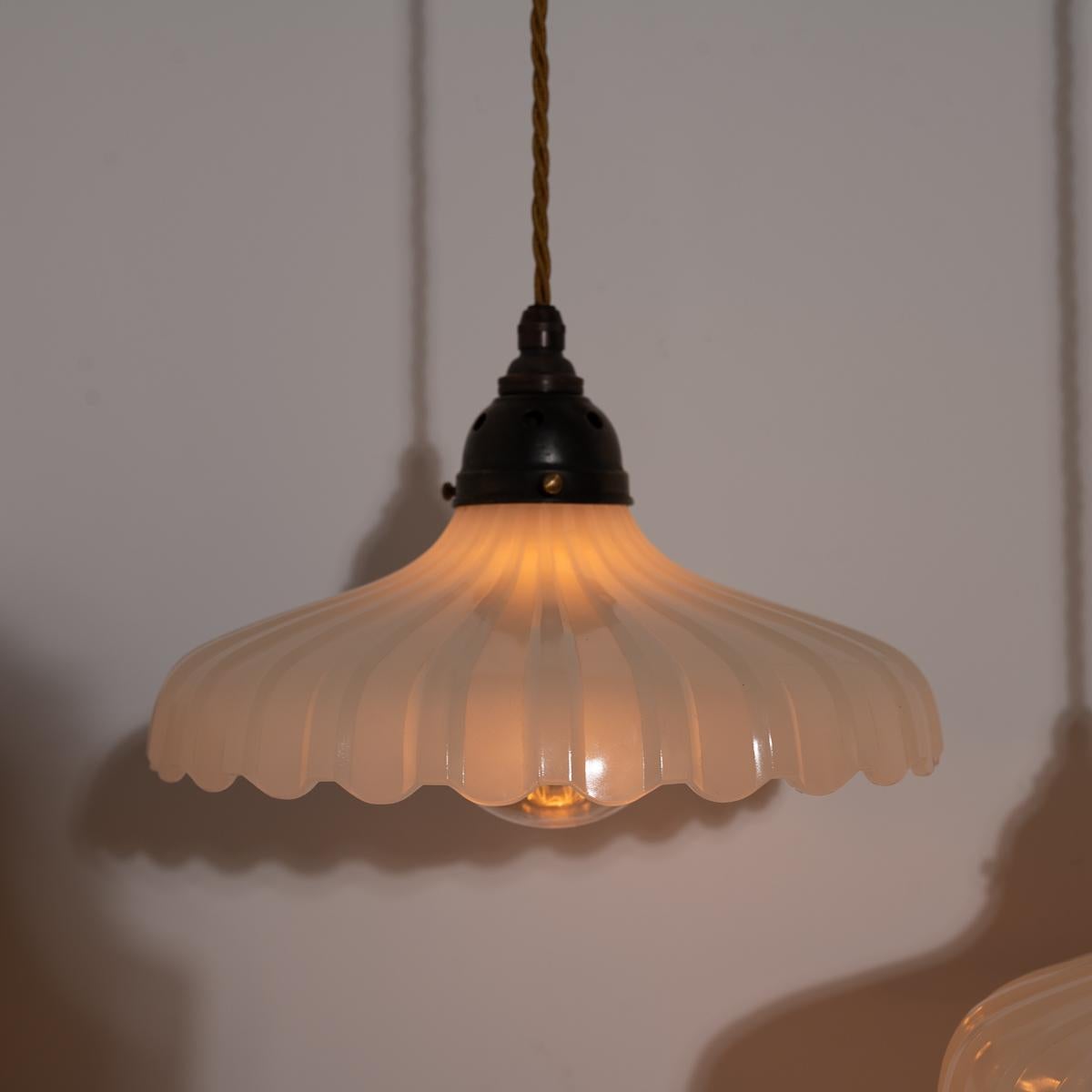 Brass Pair of Large Vintage Moonstone Glass Pendant Lights by Jefferson & Co