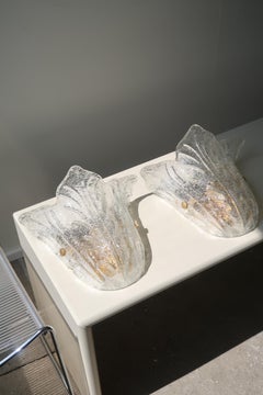 Pair of Large Vintage Murano 1980s Hollywood Regency Wall Lamp Clear Brass Glass