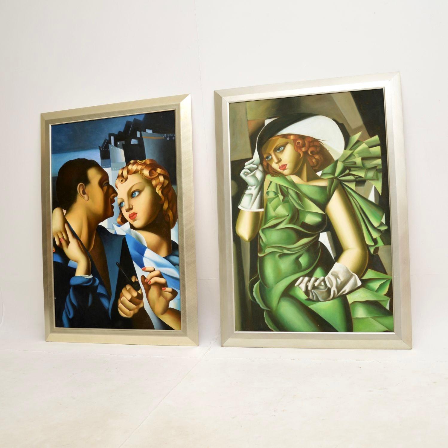 Pareja de grandes óleos antiguos a la manera de Tamara De Lempicka Moderno de mediados de siglo