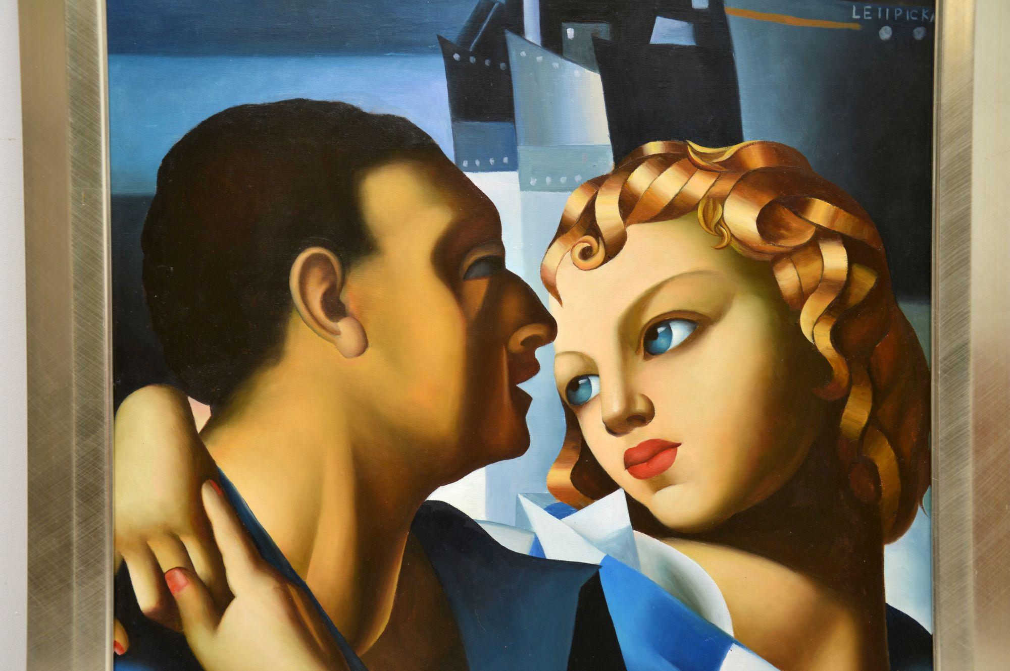 Pareja de grandes óleos antiguos a la manera de Tamara De Lempicka Polaco