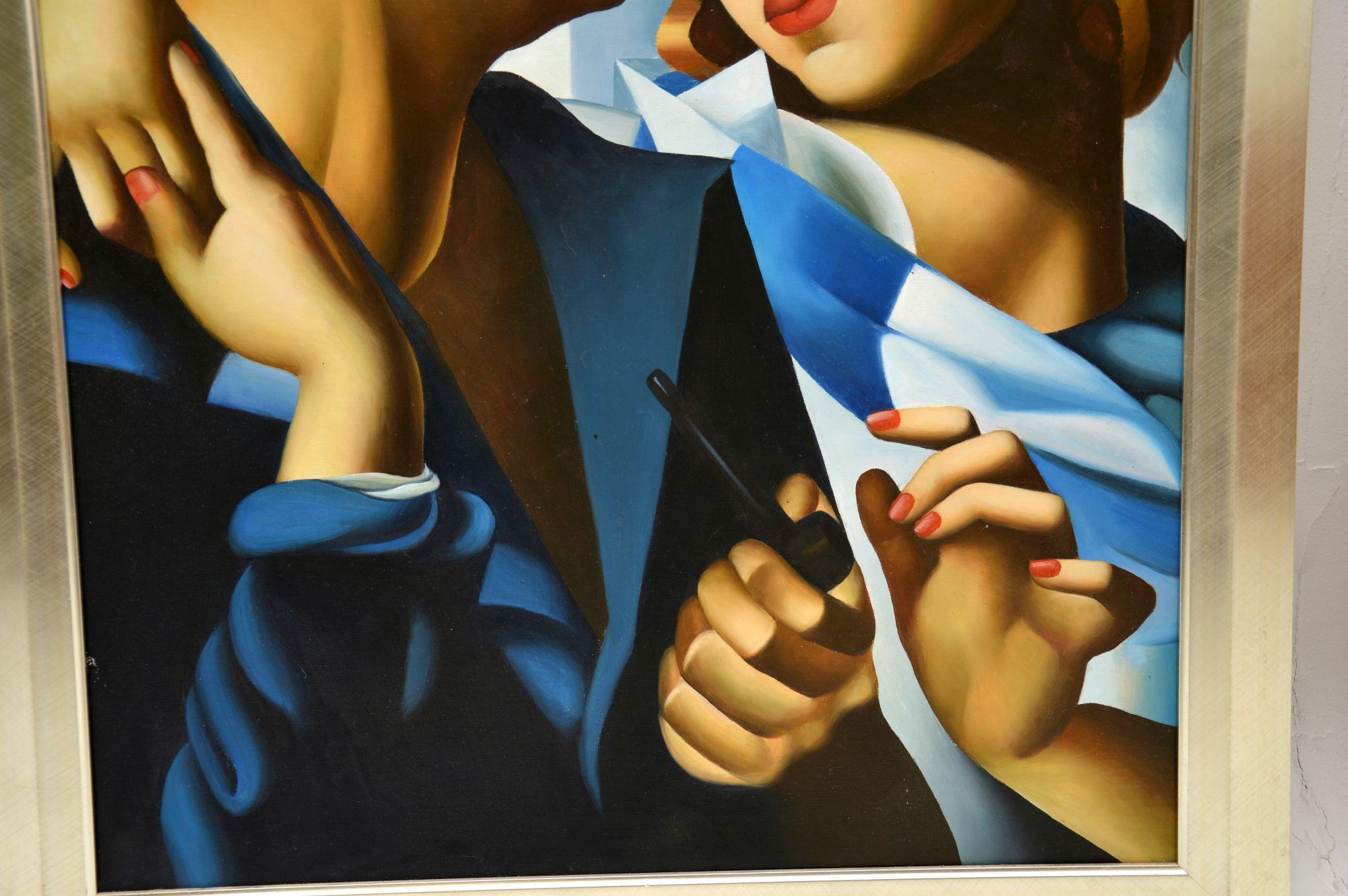 Pareja de grandes óleos antiguos a la manera de Tamara De Lempicka Pintado a mano