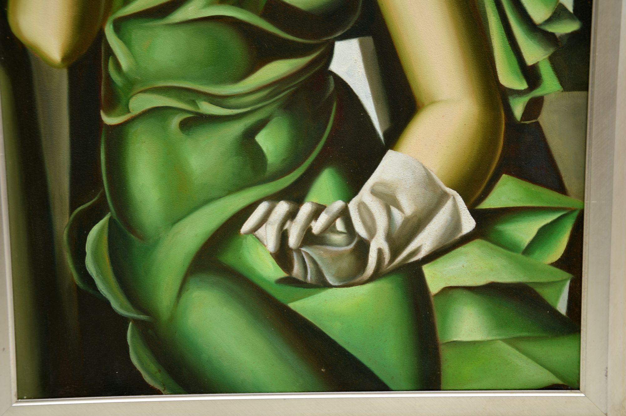 Pareja de grandes óleos antiguos a la manera de Tamara De Lempicka finales del siglo XX
