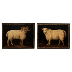 Pair of Large Vintage Paintings of a Ram and Sheep by Skilling