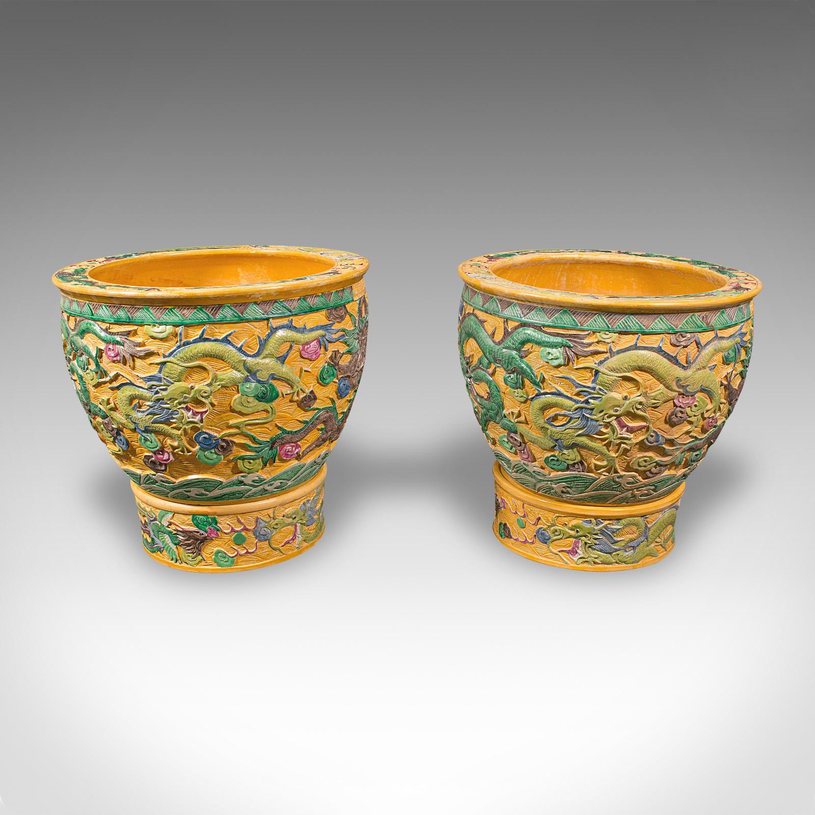 20th Century Pair Of Large Vintage Planters, Chinese, Relief Ceramic, Jardiniere, Art Deco For Sale