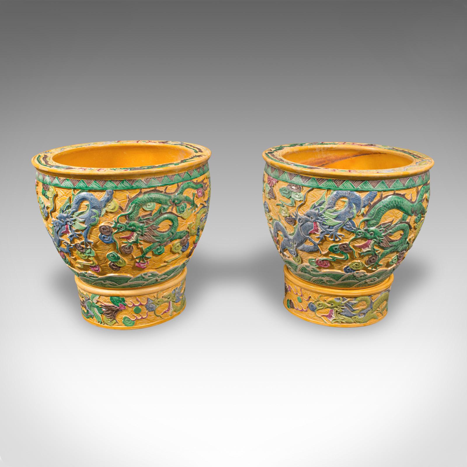 Pair Of Large Vintage Planters, Chinese, Relief Ceramic, Jardiniere, Art Deco For Sale 1