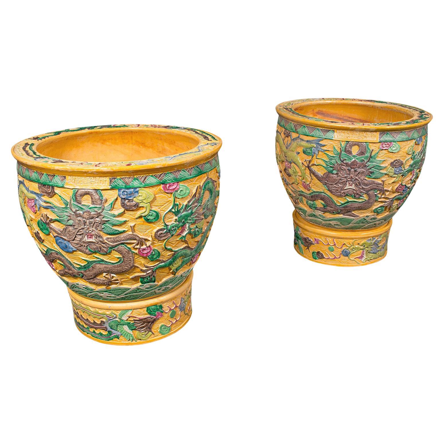 Pair Of Large Vintage Planters, Chinese, Relief Ceramic, Jardiniere, Art Deco For Sale