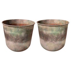 Pair of Large Vintage Planters with Aged Green Patina