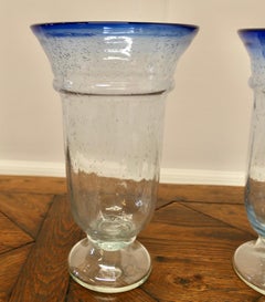 Pair of Large Vintage Seeded Bubble Art Glass Vases with Sapphire Blue Rim