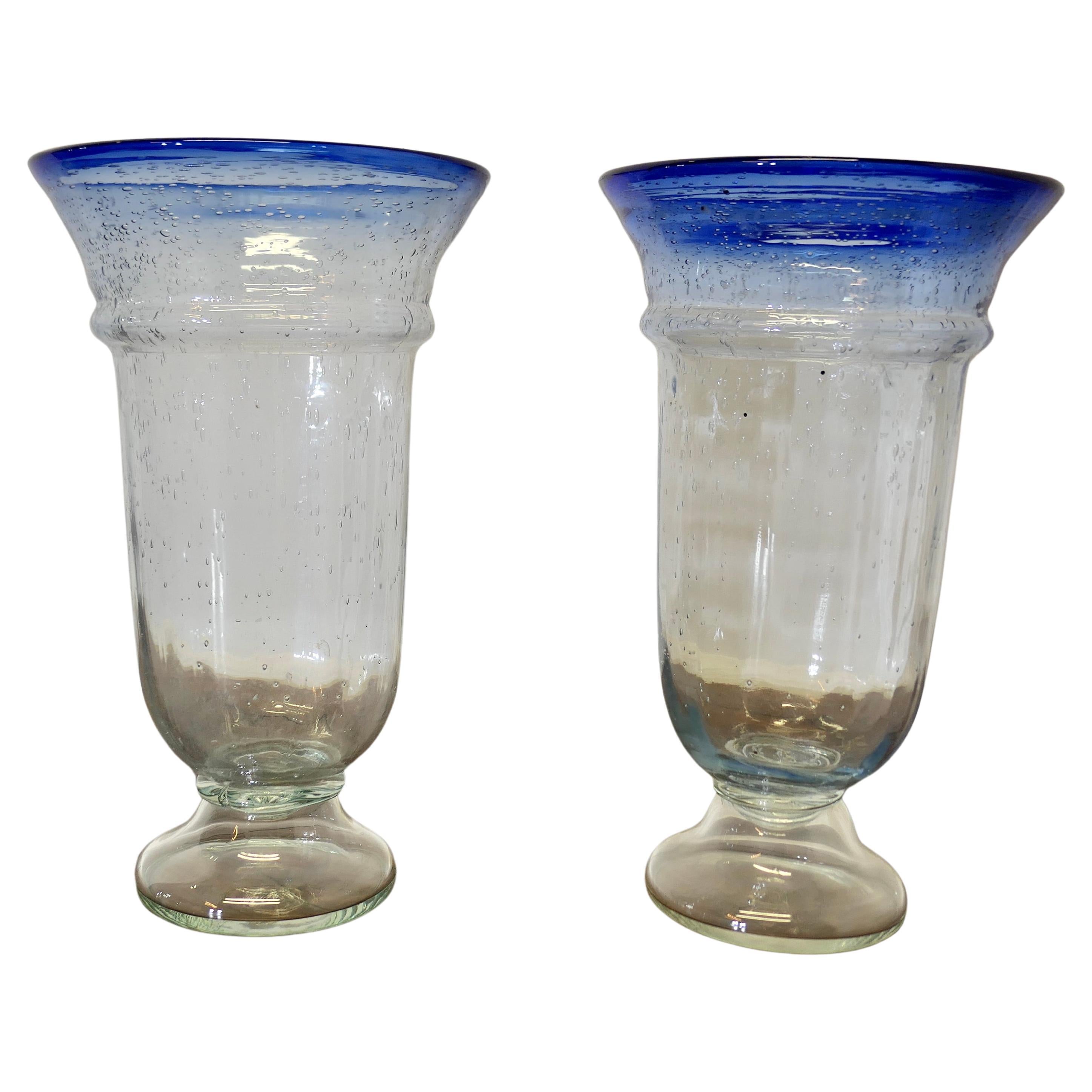Pair of Large Vintage Seeded Bubble Art Glass Vases with Sapphire Blue Rim