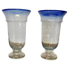 Pair of Large Vintage Seeded Bubble Art Glass Vases with Sapphire Blue Rim