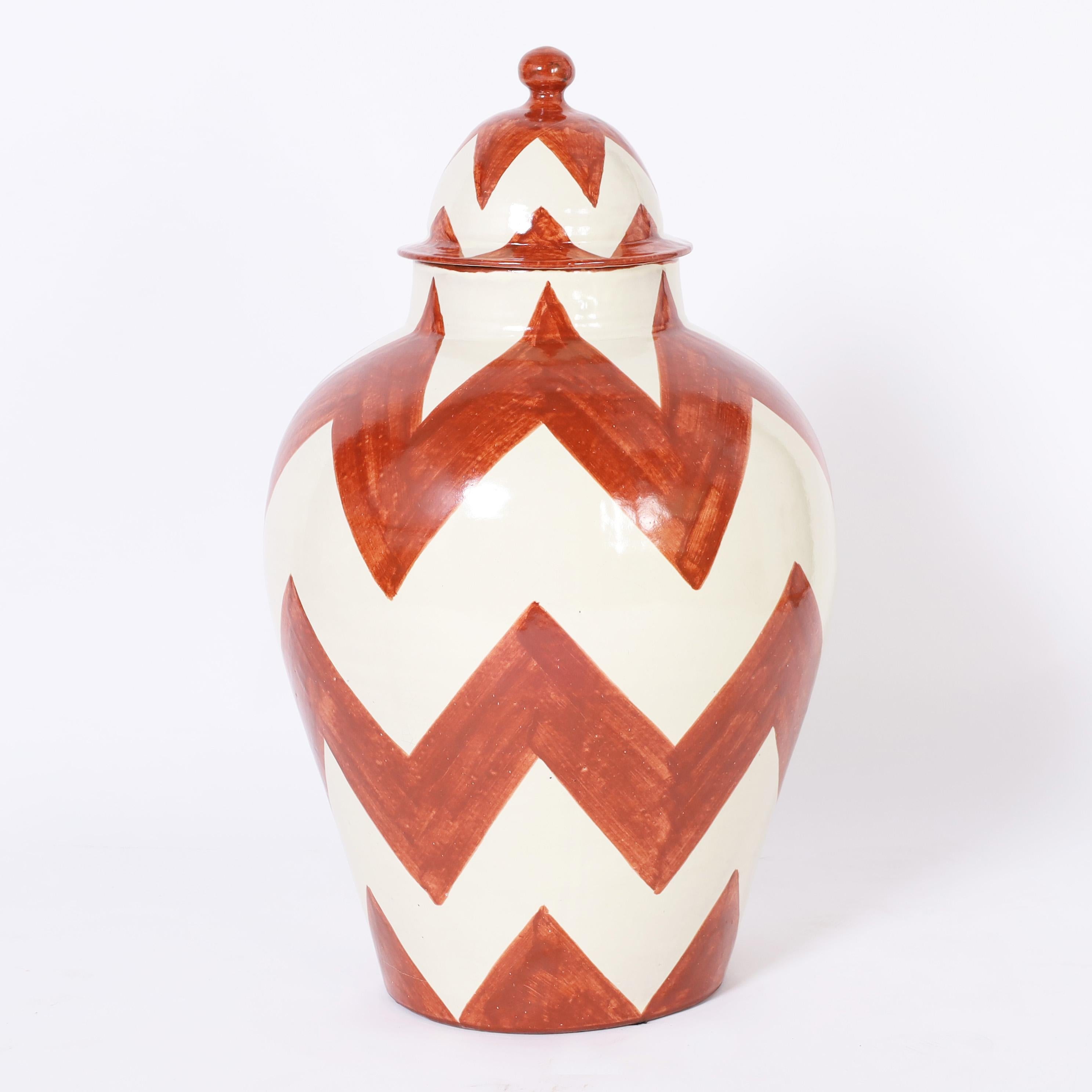 Mid-Century Modern Pair of Large Vintage Terra Cotta Lidded Urns with Chevron Designs For Sale