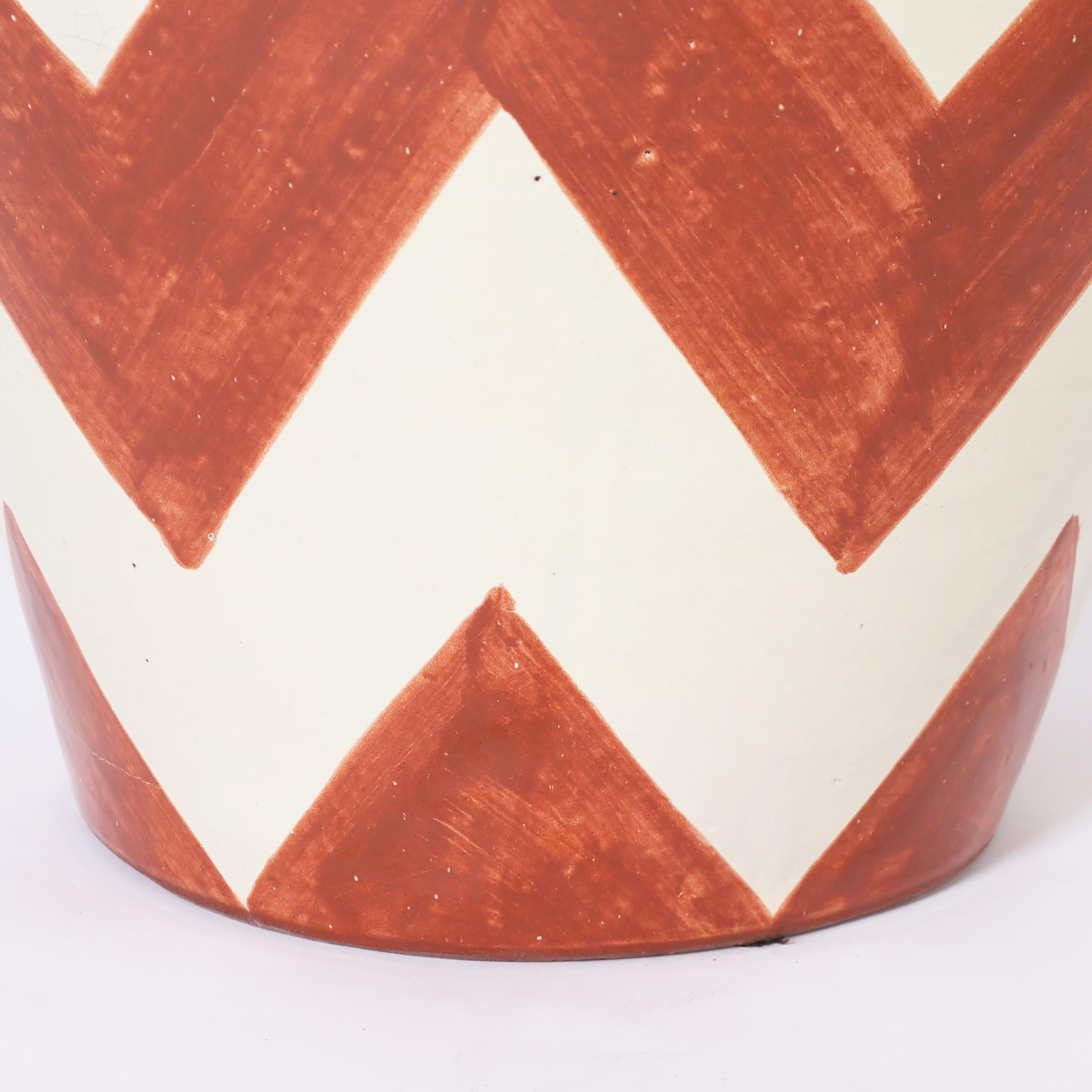 Pair of Large Vintage Terra Cotta Lidded Urns with Chevron Designs In Good Condition For Sale In Palm Beach, FL
