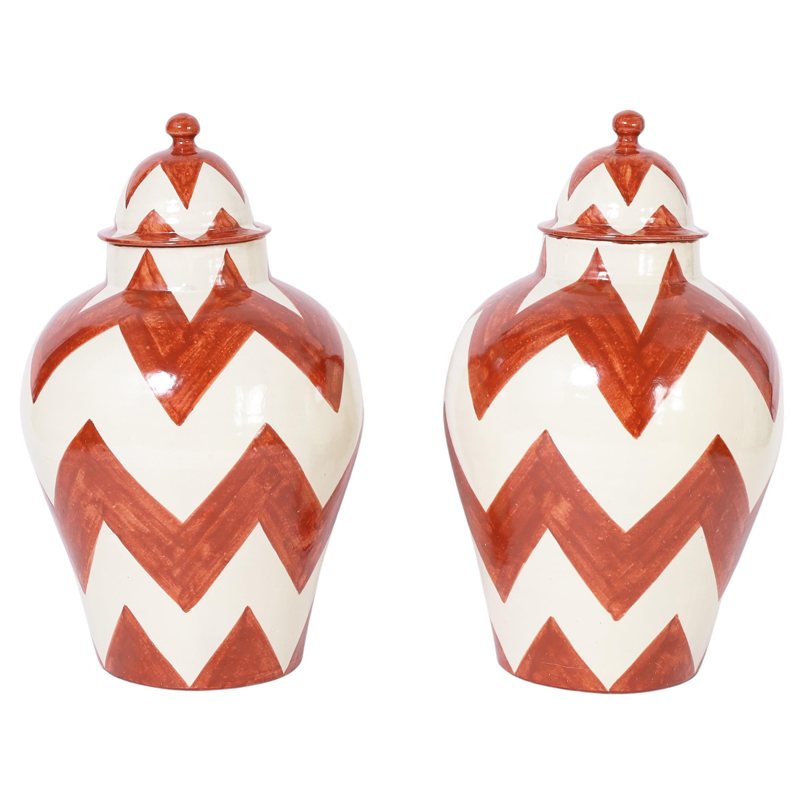Pair of Large Vintage Terra Cotta Lidded Urns with Chevron Designs