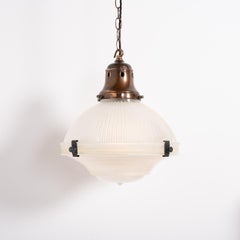 Pair of Large Vintage Three Part Holophane Pendant Lights with Aged Copper Fitti