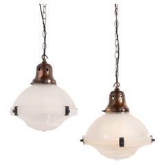 Pair of Large Vintage Three Part Holophane Pendant Lights with Aged Copper Fitti
