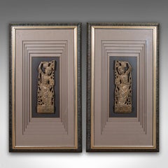 Pair Of Large Vintage Wall Carvings, Thai, Framed Relief Figures, Display Panels