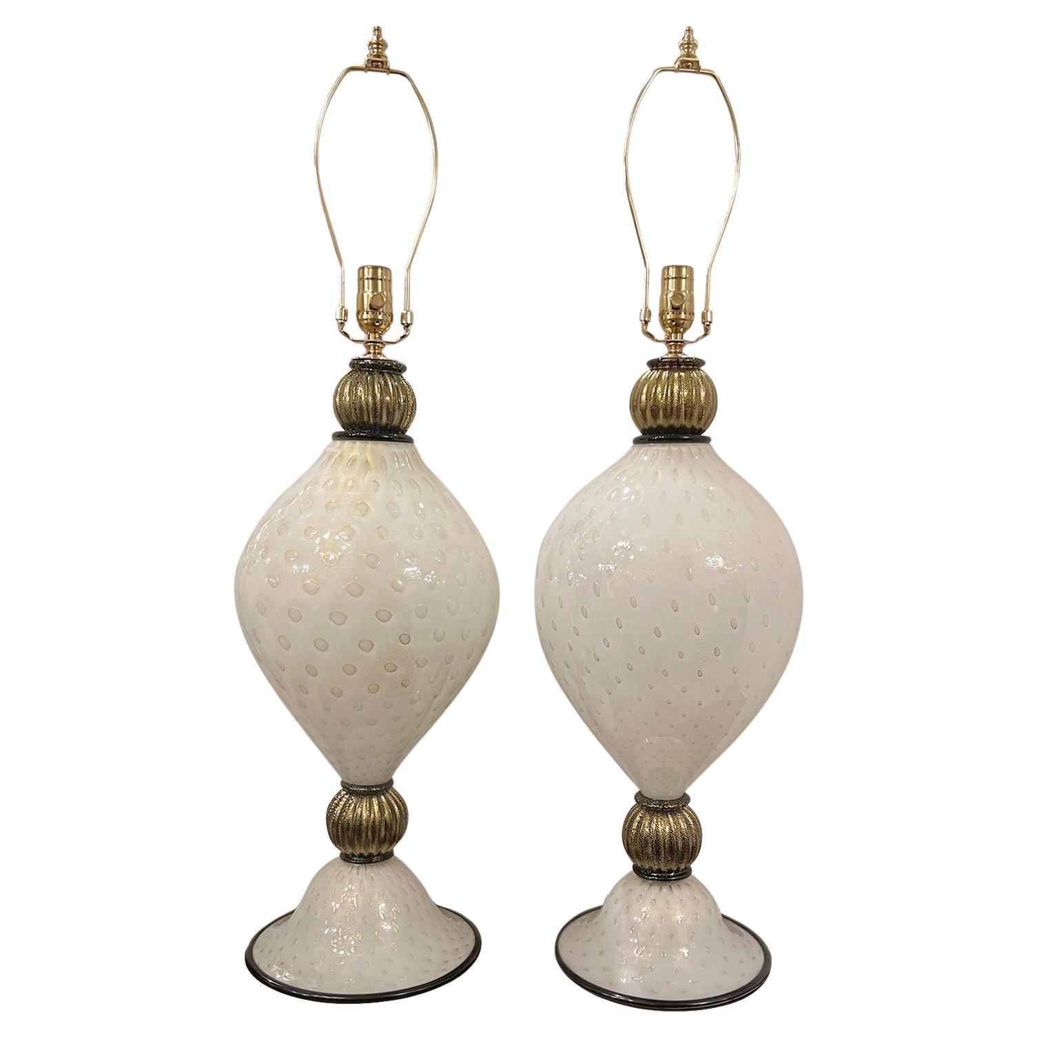 Pair of Large Vintage White Murano lamps