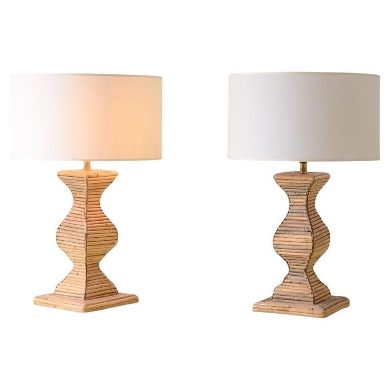 Pair of large Vivai del Sud shaped, rattan-covered table lamps For Sale