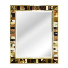 Pair of Large Wall Hanging Mirrors in Horn with Brass Trim, 1970s