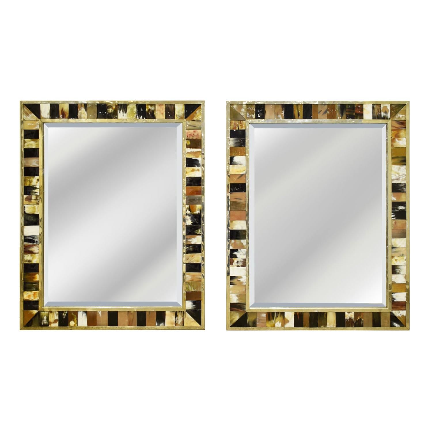 Pair of Large Wall Hanging Mirrors in Horn with Brass Trim, 1970s