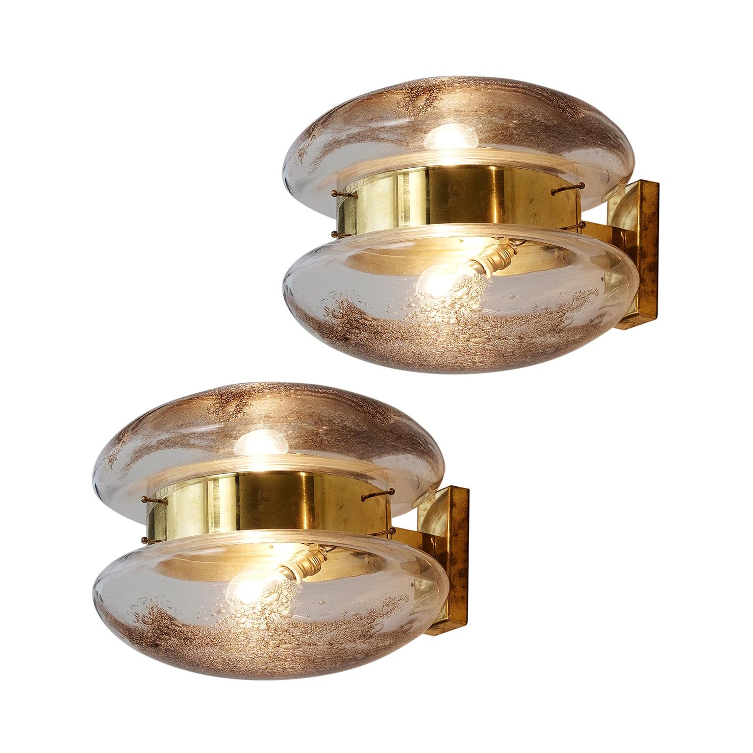 Pair of Large Wall Lamps in Brass and Art Glass