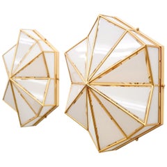 Pair of Large Wall or Flush Mount Lights in Gilded Brass and Glass