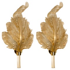 Pair of Large Wall Sconces Barovier & Toso Gold Glass Murano, Italy, 1960s