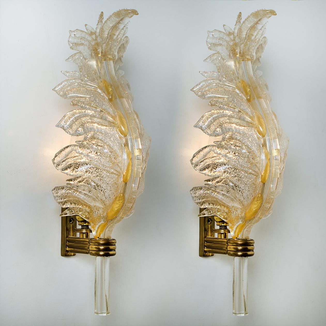 Mid-Century Modern Pair of Large Wall Sconces Barovier & Toso Gold Glass, Murano, Italy