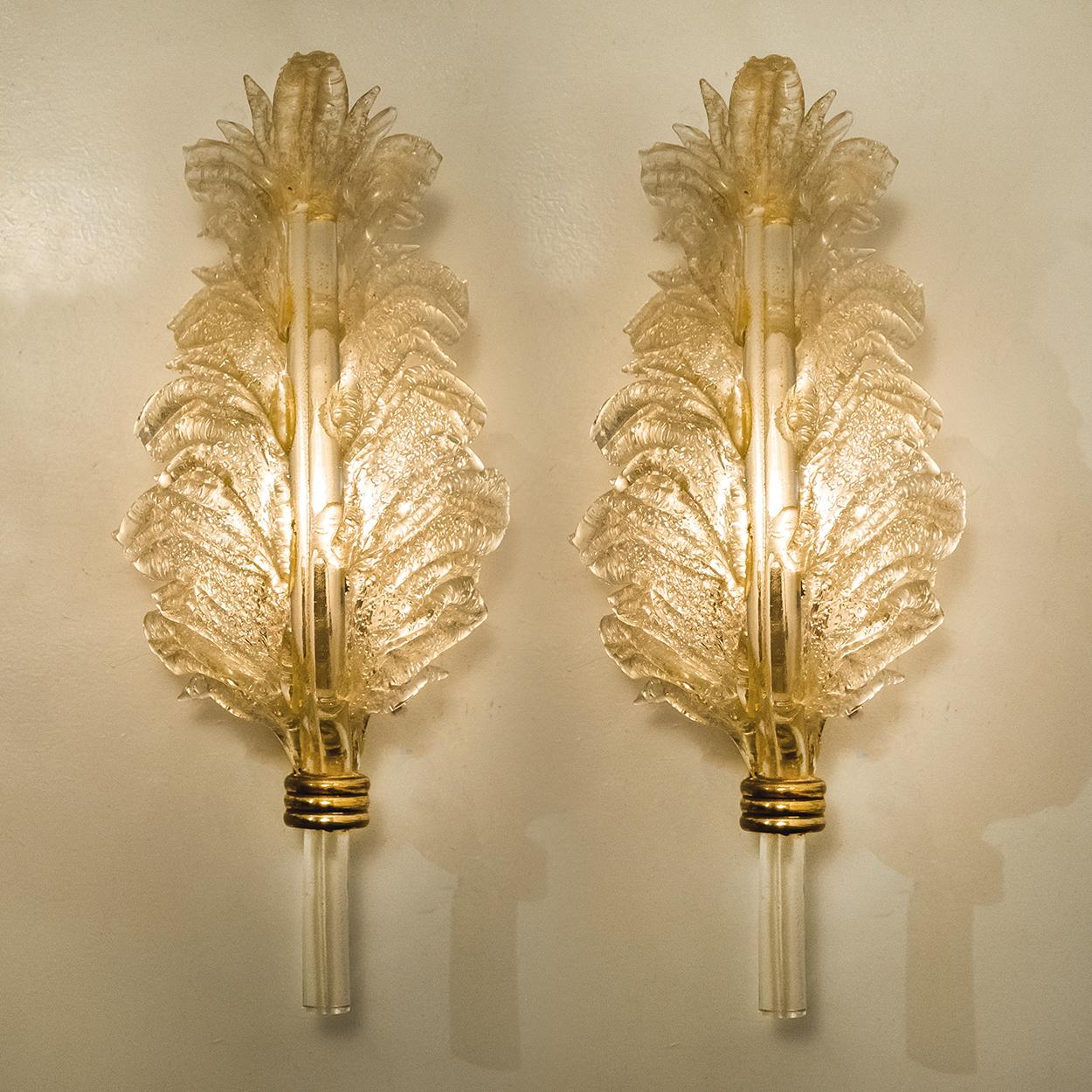 20th Century Pair of Large Wall Sconces Barovier & Toso Gold Glass, Murano, Italy