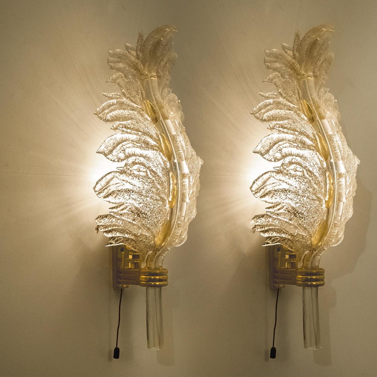 Brass Pair of Large Wall Sconces Barovier & Toso Gold Glass, Murano, Italy