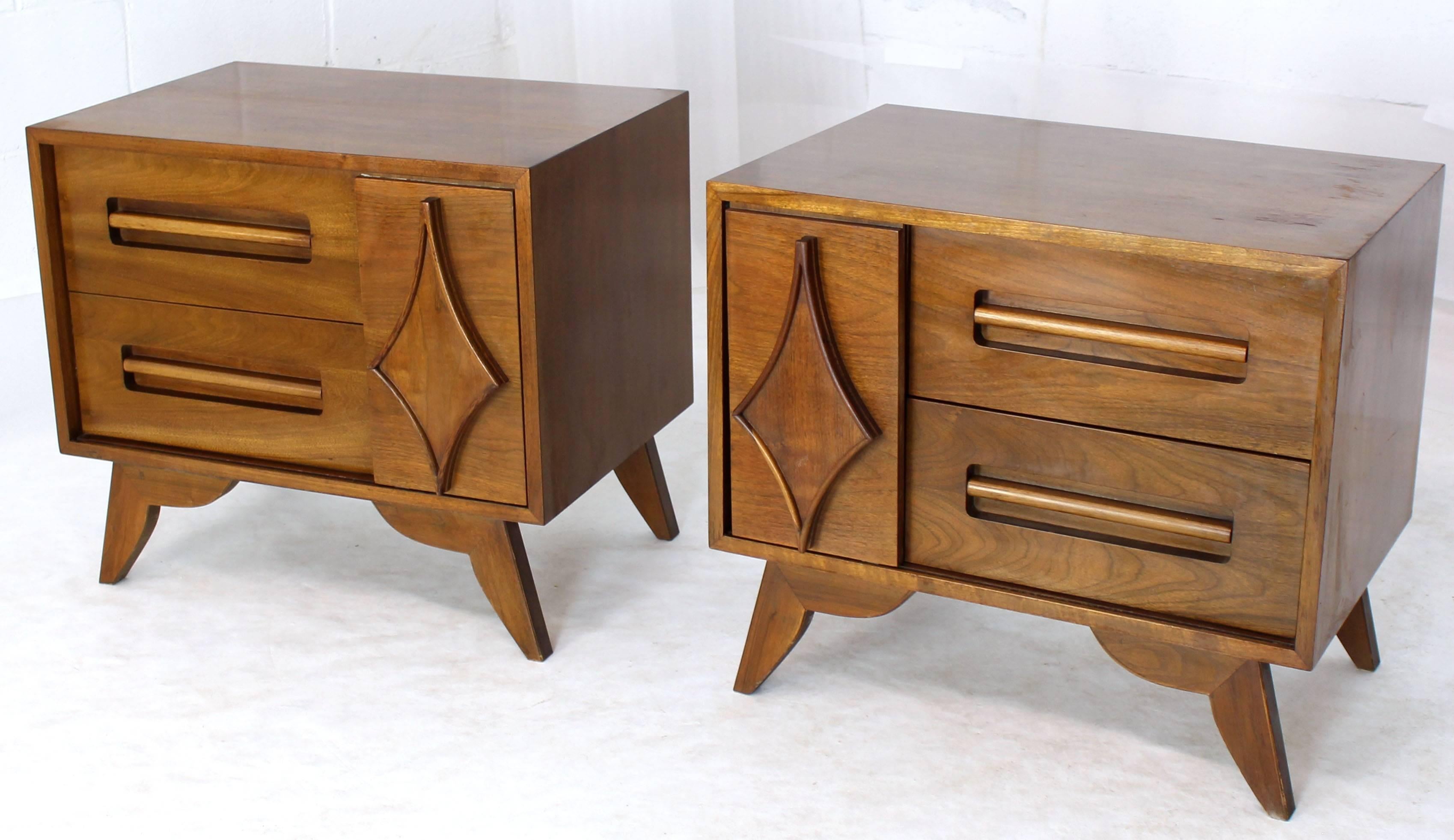 Pair of walnut Mid-Century Modern stands with small sliding doors bookcase.