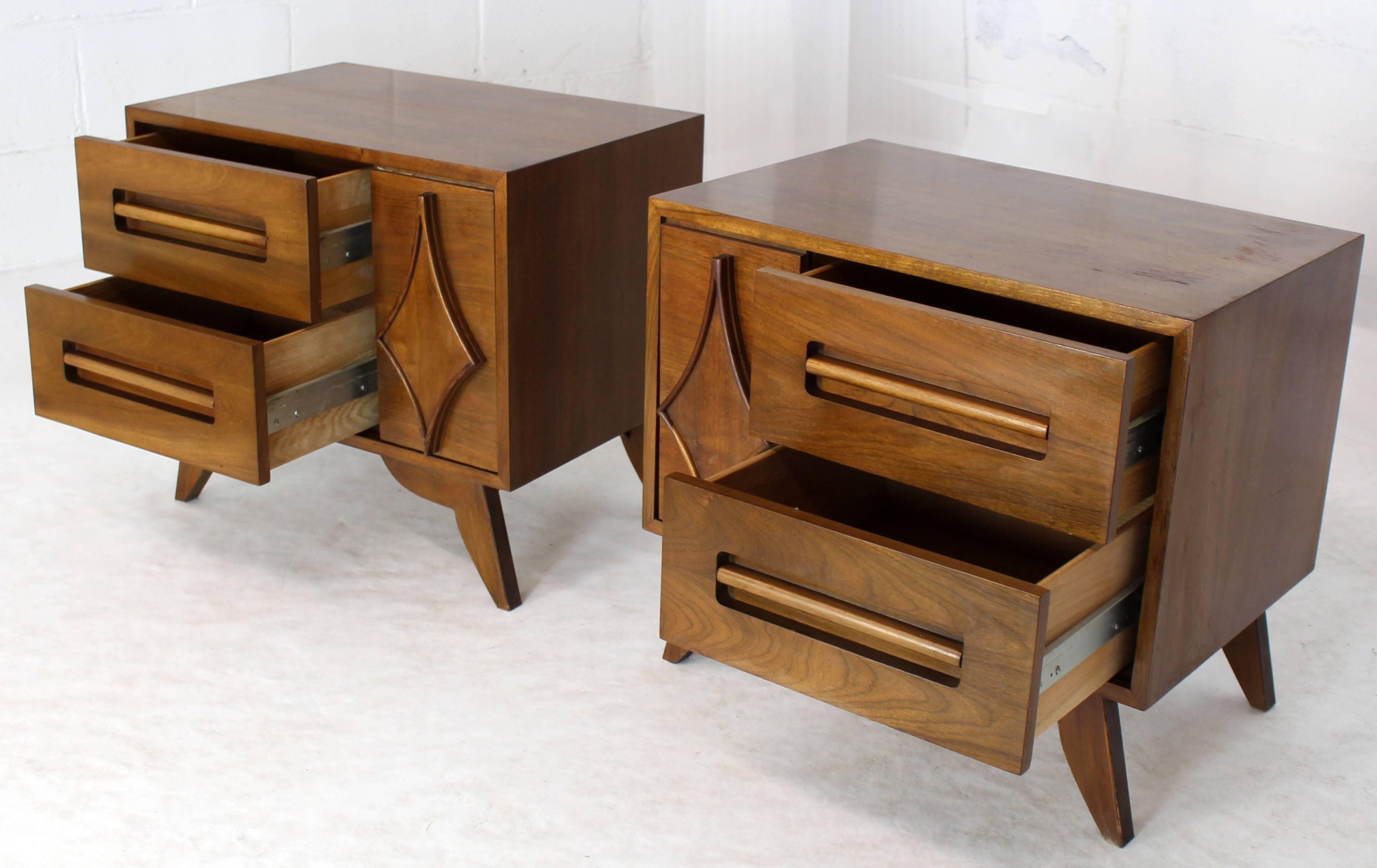 Mid-Century Modern Pair of Large Walnut Nightstands End Tables with Small Bookcase