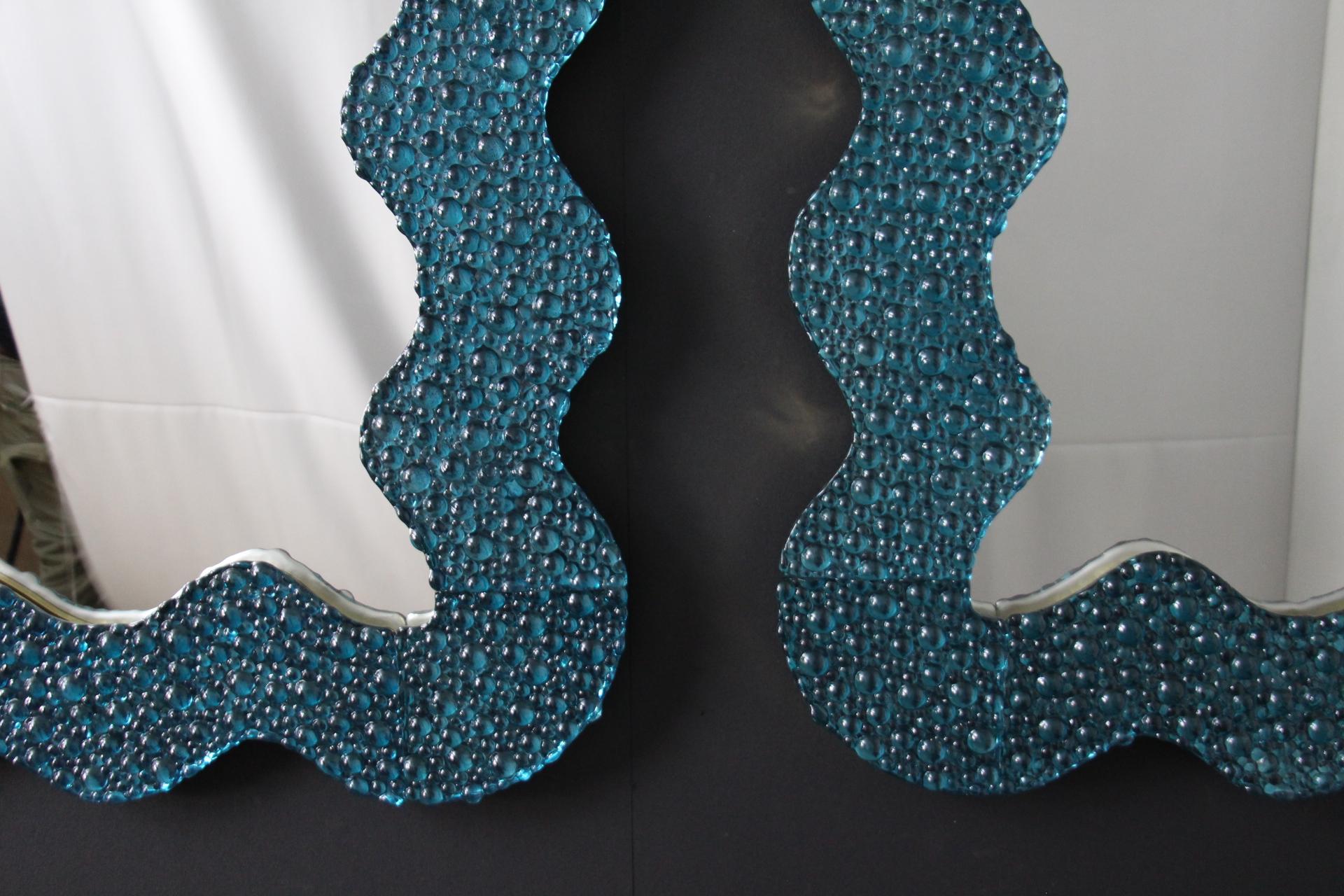 Large Wavy Turquoise Blue Textured Murano Glass Mirrors , In Stock For Sale 7