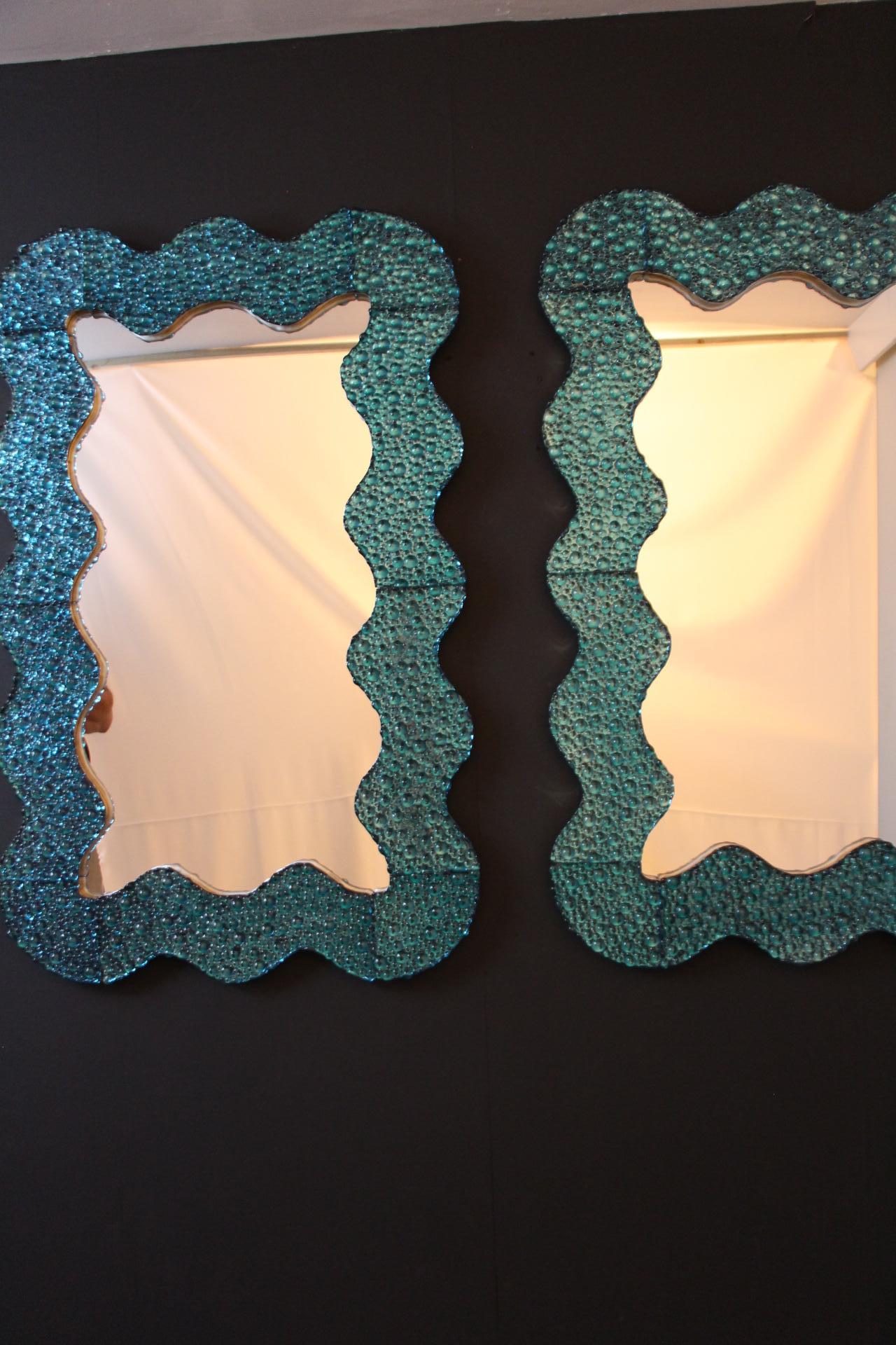Large Wavy Turquoise Blue Textured Murano Glass Mirrors , In Stock For Sale 10