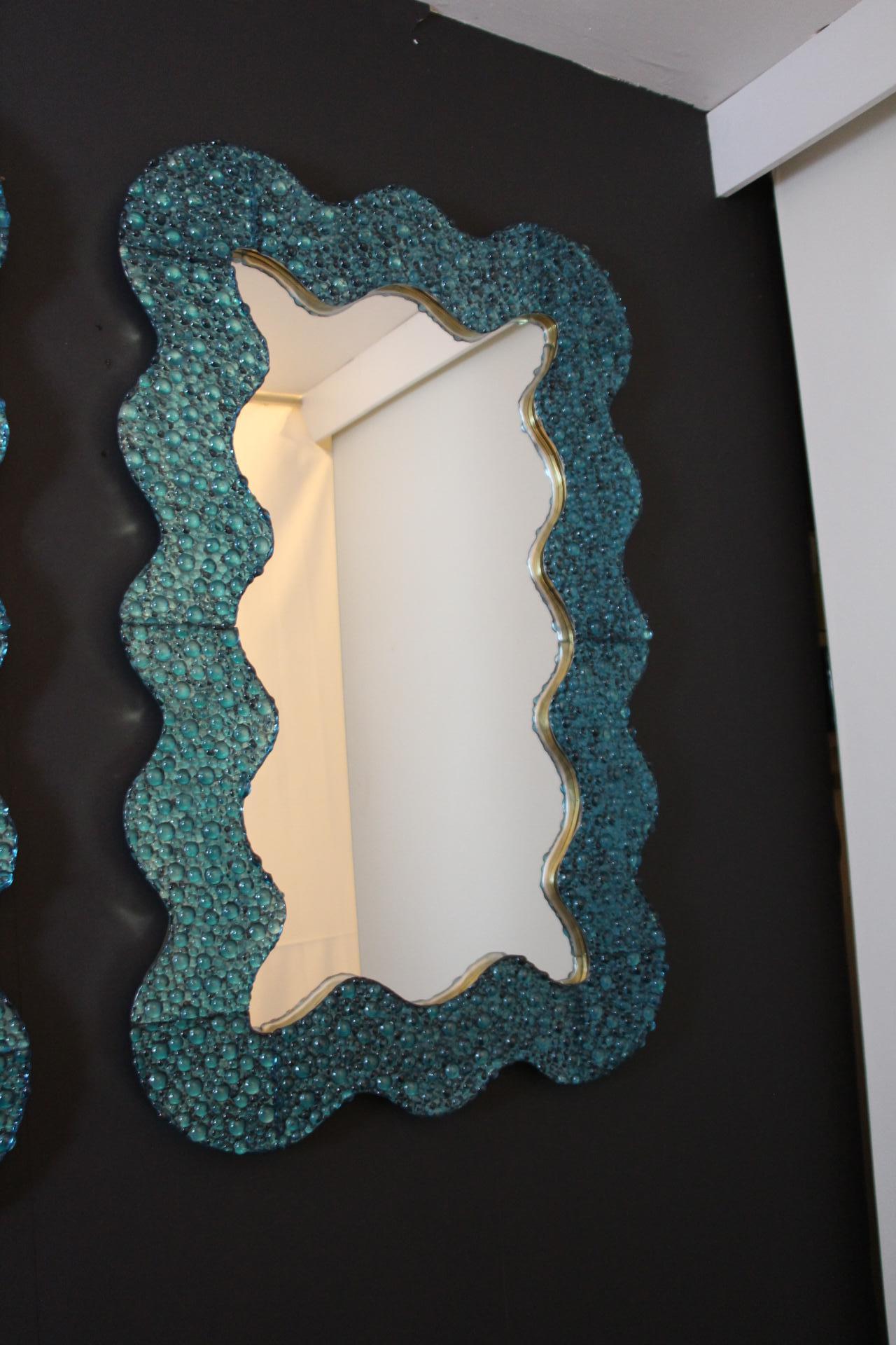 Organic Modern Large Wavy Turquoise Blue Textured Murano Glass Mirrors , In Stock For Sale