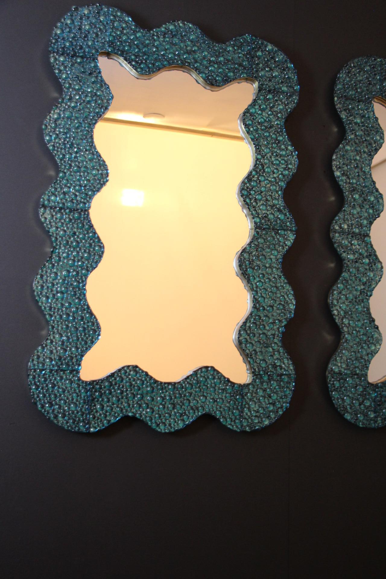 Brass Large Wavy Turquoise Blue Textured Murano Glass Mirrors , In Stock For Sale