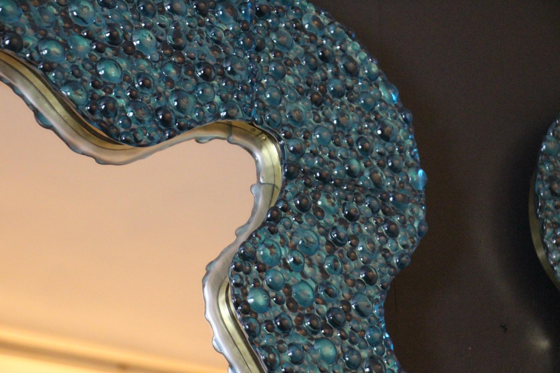 Large Wavy Turquoise Blue Textured Murano Glass Mirrors , In Stock For Sale 1