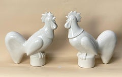 Pair of Large Waylande Gregory White Glazed Ceramic Rooster Sculptures, c. 1940s