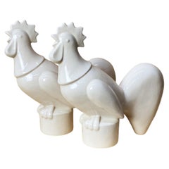 Pair of Large Waylande Gregory White Glazed Ceramic Rooster Sculptures, c. 1940s