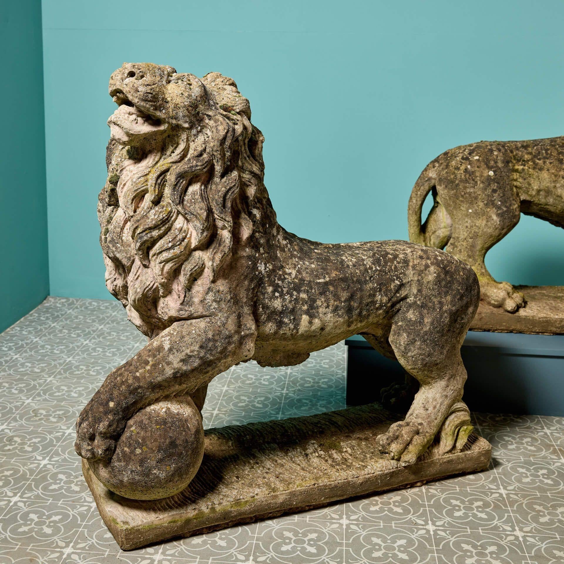 Victorian Pair of Large Weathered Stone Lion Statues For Sale