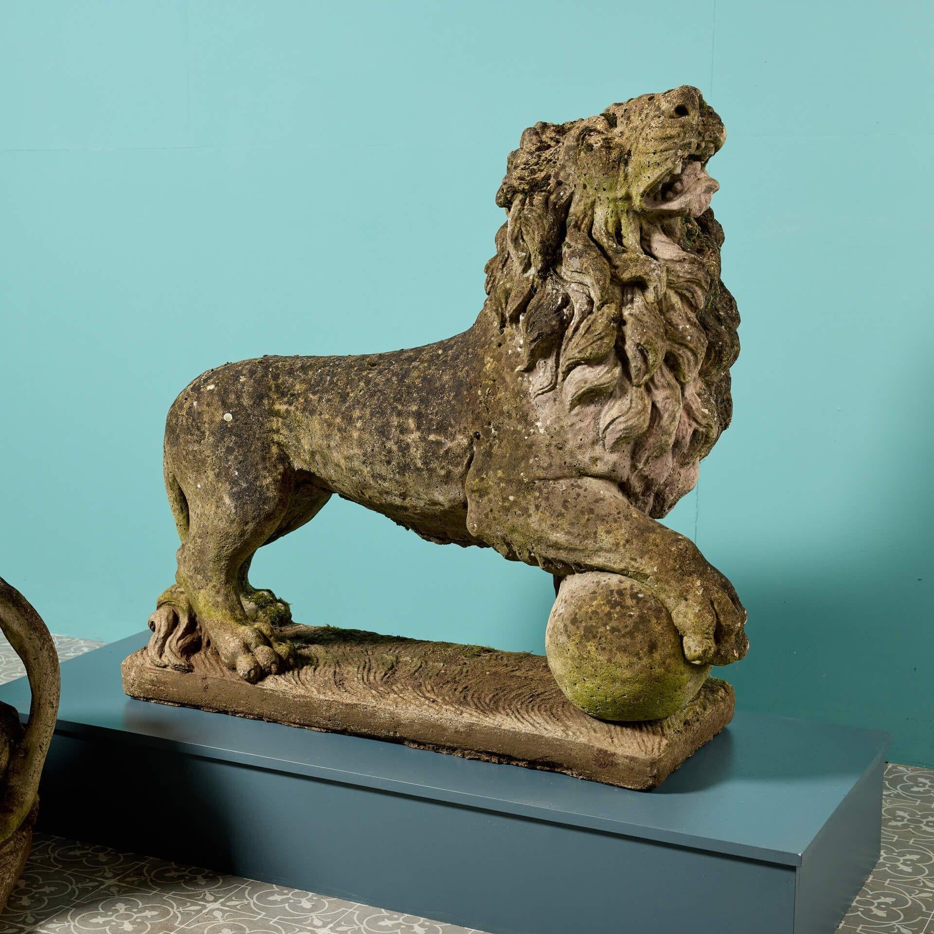 Pair of Large Weathered Stone Lion Statues For Sale 1