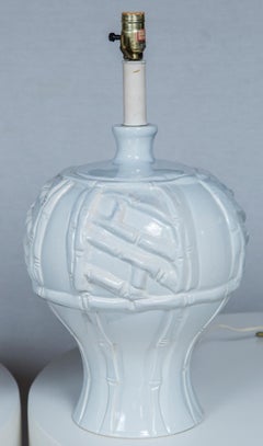 Pair of Large White Ceramic Faux Bamboo Lamps, 1970s